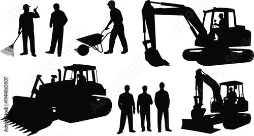 Construction Workers Operating Heavy Machinery Silhouettes
