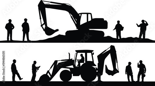 Construction Workers Operating Heavy Machinery Silhouettes