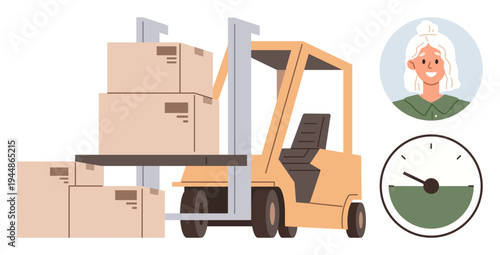 Logistics, time management, supply chain, warehouse operations, delivery services, inventory monitoring. Forklift with cardboard boxes, clock icon and a smiling woman avatar. Logistics and time
