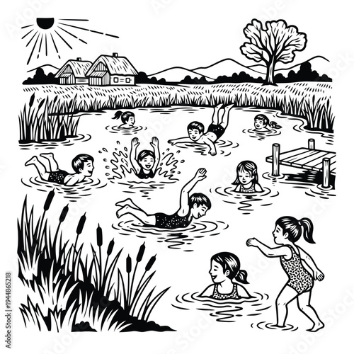 Children swimming in lake, summer fun, countryside, black and white drawing