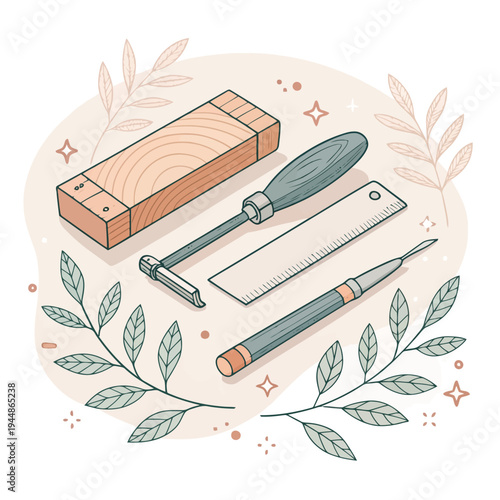 Carving Tools and Wood Block Illustration