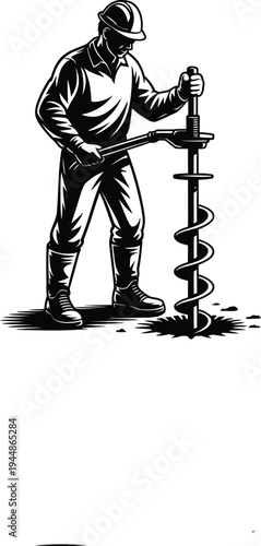 Man Operating Auger Drill on Construction Site