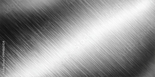 A polished silver brushed metal texture background features a shiny industrial stainless steel plate surface with a grey metallic pattern and light reflections on a smooth aluminum material