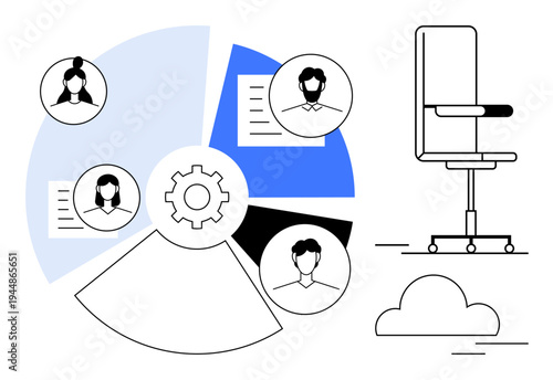Business organization, team management, workforce structure, hiring process, office workflow, remote work. Gear and employee icons with an office chair. Business organization and team management