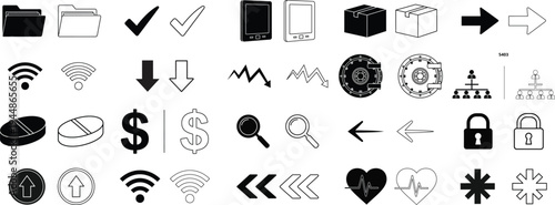 A collection of various black and white icons on a white background isolated on transparent background, Vector