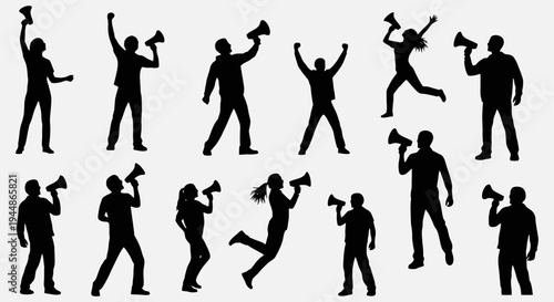 Silhouettes of people protesting with megaphones.