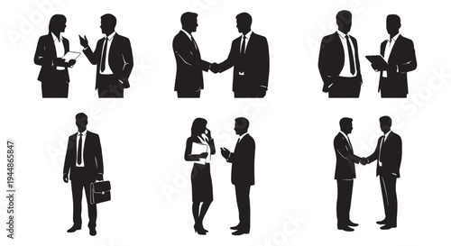 Business People Silhouettes in Various Professional Interactions.