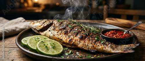 Grilled salmon and trout served with fresh vegetables on a dinner plate