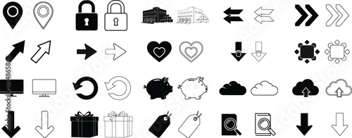 A collection of various black icons on a white background isolated on transparent background, Vector