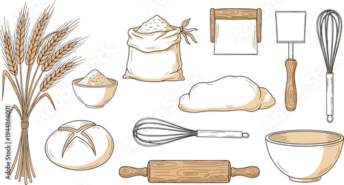 Bread Making Tools and Ingredients Illustrations Set, Wheat, Flour, Dough, Rolling Pin, and Kitchen Utensils for Bakery, Cooking, and Food Design