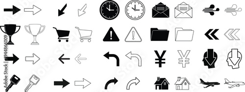 A collection of various black and white icons isolated on transparent background, Vector