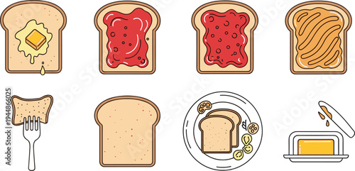Bread with Butter, Jam, and Peanut Butter Illustrations Set, Toasted Bread with Toppings and Sliced Bread for Food, Breakfast, and Snack Designs