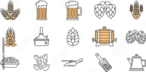 Brewing and Beer Production Icons Set, Wheat, Hops, Beer Mugs, Brewing Equipment, and Agricultural Elements in Line Art Style, Perfect for Brewery Designs