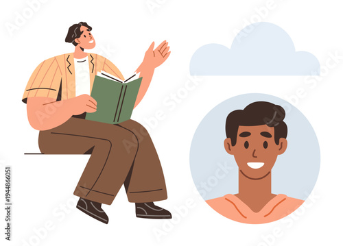 Education, storytelling, communication, self-expression, learning, social connections. Man reading and gesturing near a smiling portrait and cloud. Education and storytelling