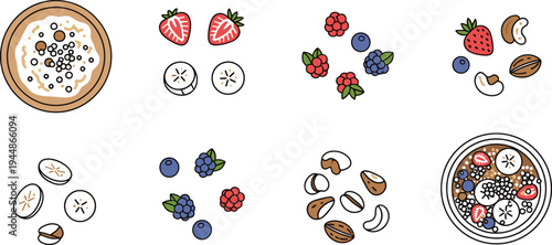 Healthy Fruit and Nut Bowl Illustrations Set, Strawberries, Blueberries, Bananas, Raspberries, Cashews, and Coffee Beans for Nutritional and Wellness Designs
