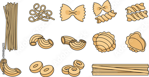 Pasta Types Illustrations Set, Spaghetti, Fusilli, Macaroni, Farfalle, and Other Pasta Shapes for Food, Cooking, and Recipe Designs