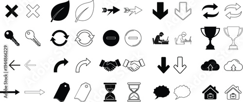 A collection of various black and white icons isolated on transparent background, Vector