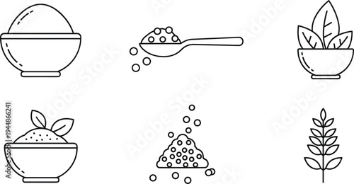 Seed and Grain Nutrition Icons Set, Bowls of Grains, Seeds on Spoon, Plant Leaves, and Wheat Illustrations, Perfect for Health, Food, and Organic Designs