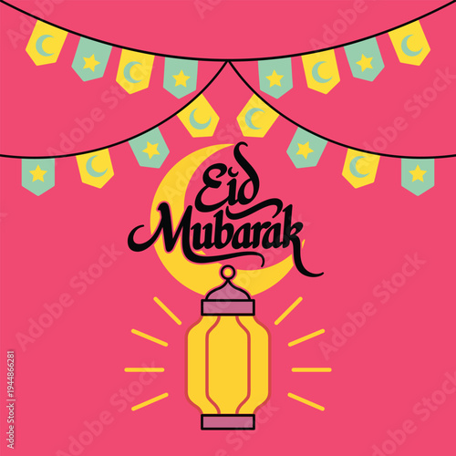 A festive Eid Mubarak greeting featuring a crescent moon, a glowing lantern, and colorful bunting flags Vector