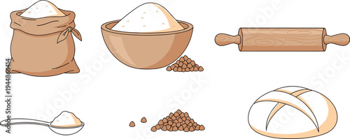 Baking Essentials Illustration Set Featuring Flour, Rolling Pin, Bowl, and Bread for Bakery, Food Branding, and Culinary Designs