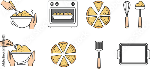 Baking and Pizza Preparation Illustration Set Featuring Dough, Oven, Whisk, Spatula, and Pizza Slices for Culinary Branding
