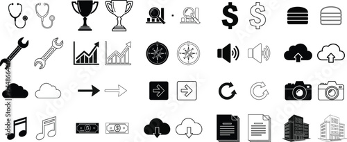 A collection of various black and white icons on a white background isolated on transparent background, Vector