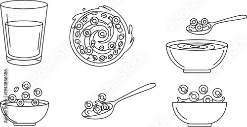Cereal with Milk Illustration Set Featuring Bowls, Spoons, and Glass of Milk for Breakfast and Food Branding