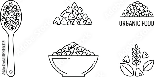 Organic Food and Grains Illustration Set Featuring Bowl, Spoon, and Seeds for Healthy and Natural Food Branding