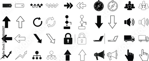 A collection of various black and white icons on a white background isolated on transparent background, Vector