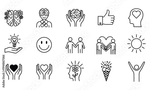 A collection of 12 black and white line art icons representing various emotions and concepts