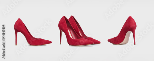 Slika na platnu Set of red pointy toe women's shoes with high heels isolated on white background