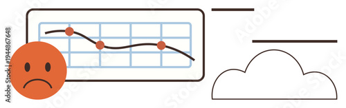 Financial loss, business performance, market decline, economic challenges, analytics reports, trend analysis. Sad face next to declining graph and cloud symbol. Financial loss and business