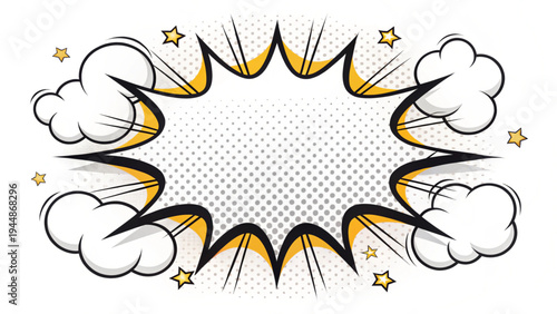 A comic book style explosion graphic with clouds and stars on a white background