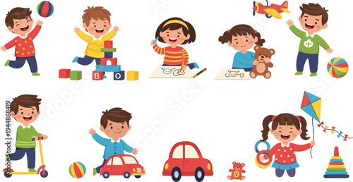 Happy Kids Playing Cartoon Characters Vector Set Featuring Children with Toys, Ball, Kite, Car, Blocks, Scooter and Fun Childhood Activities.