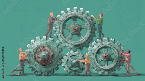 People Working Together to Operate Large Mechanical Gears