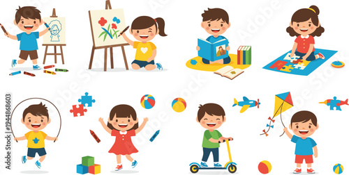 Happy Kids Playing and Learning Activities Vector Set Featuring Children Drawing, Reading, Jump Rope, Scooter Riding and Flying Kite.
