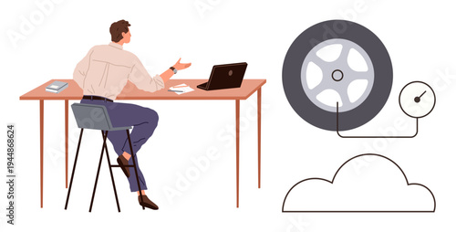 Automotive innovation, cloud computing, IoT solutions, technology communication, smart devices, and data analytics. Man seated at desk with tire, cloud and sensor illustration. Automotive innovation