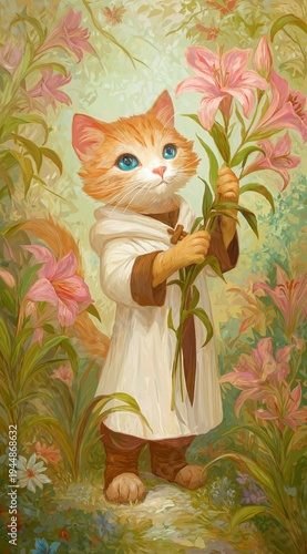 Vertical illustration of an orange kitten in a robe holding a pink lily. Whimsical cat character in a floral garden. Fantasy storybook animal portrait