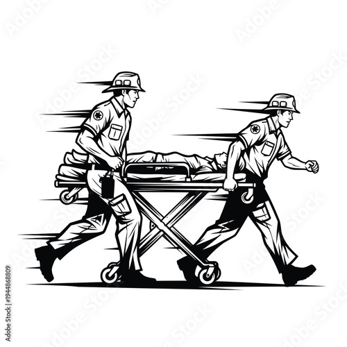 Two paramedics rush patient on stretcher, emergency medical service, action motion