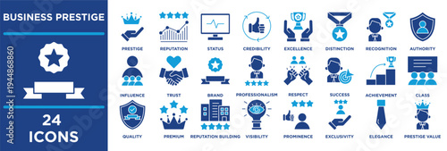 business Prestige icon set illustrating leadership, authority, trust, brand, image, prestige value. dual tone vector.