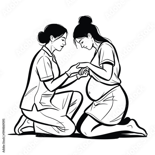 Nurse kneels by pregnant woman, comforting touch, labor support, black and white