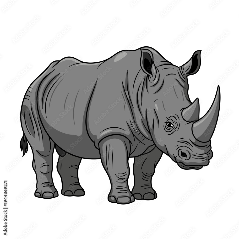 Obraz premium Detailed cartoon illustration of a grey rhinoceros standing, showcasing its thick skin and prominent horn.