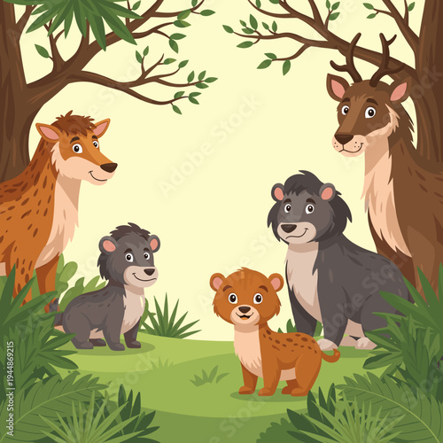 Cartoon illustration of a diverse group of forest animals, including deer, bear cubs, and a leopard cub, gathered happily in a vibrant green woodland.