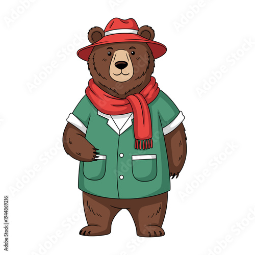Cartoon illustration of a friendly brown bear wearing a red fedora hat, a red scarf, and a green jacket, standing upright on a white background.