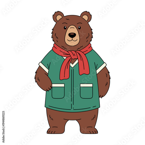 A friendly cartoon brown bear character wearing a green shirt and a red scarf, standing upright on a white background.