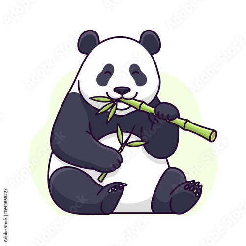 A cute cartoon illustration of a giant panda sitting and happily eating a stalk of bamboo.