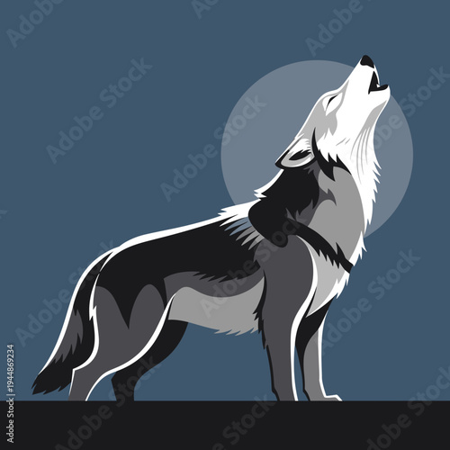 Stylized illustration of a grey wolf howling at a full moon against a dark blue night sky, depicting wilderness and nocturnal beauty.