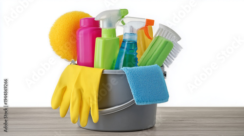 A comprehensive set of professional cleaning supplies and equipment including spray bottles, sponges, brushes, and yellow rubber gloves neatly arranged in a grey plastic bucket on a wooden surface