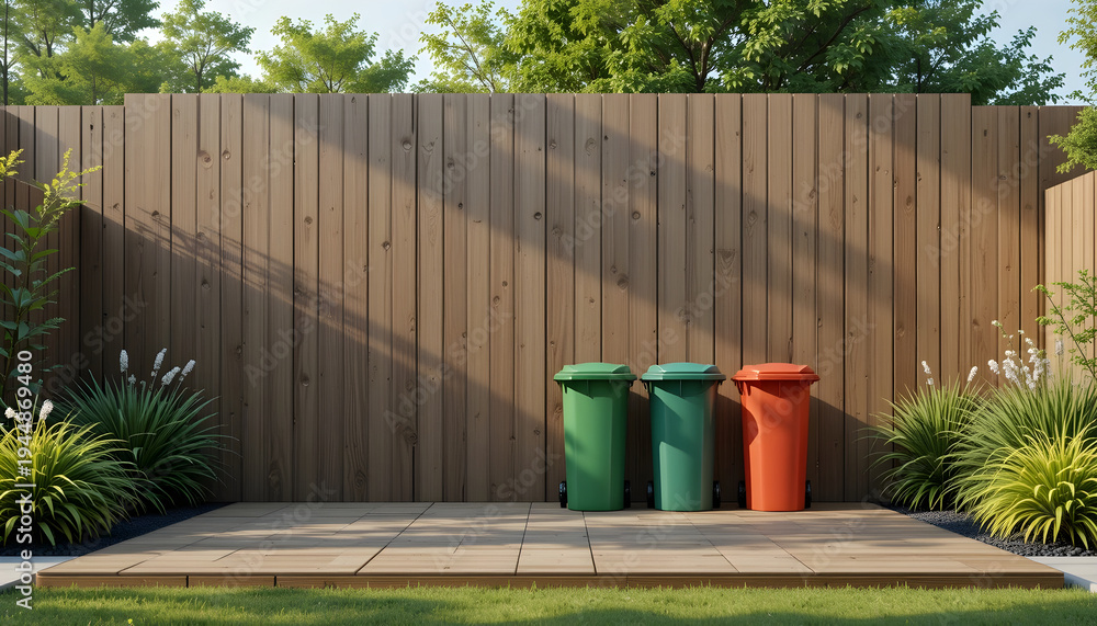 Naklejka premium Three colorful trash bins on a wooden deck against a fence trash cans garbage bins
