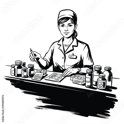 Professional female pharmacist organizing medicine bottles and prescription pills on counter